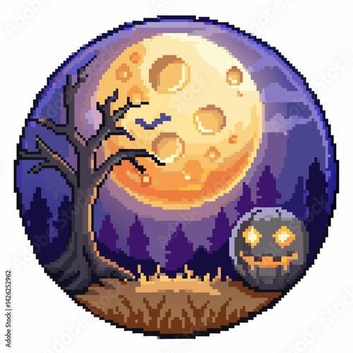 Pixel Art Full Moon Halloween Scene with Tree and Glowing Pumpkin for Spooky Seasonal Designs