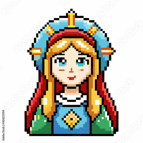 Pixel Art of a Saint with Halo and Crown in Retro Style Digital Artwork