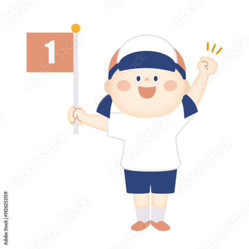 1位の旗を持った笑顔の女の子のイラスト