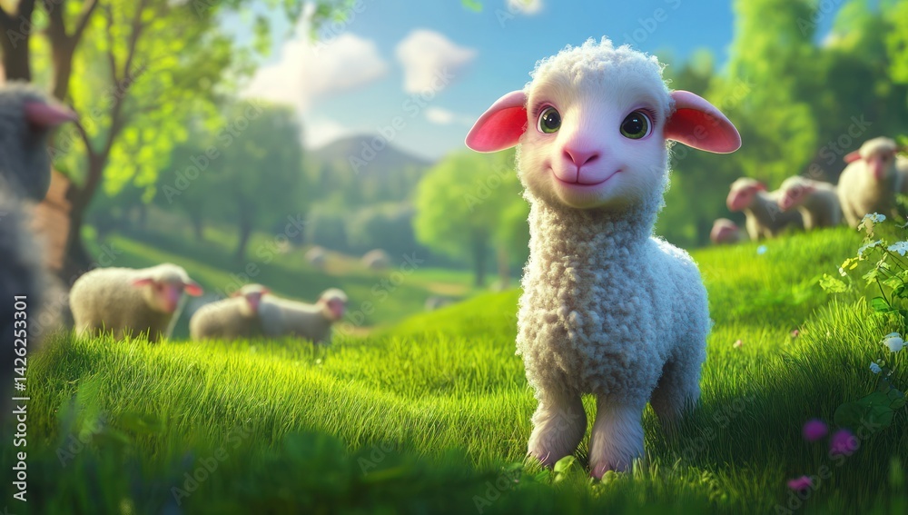 Fototapeta premium Cute lamb smiles in spring pasture; flock grazes; idyllic farm scene; children's book illustration