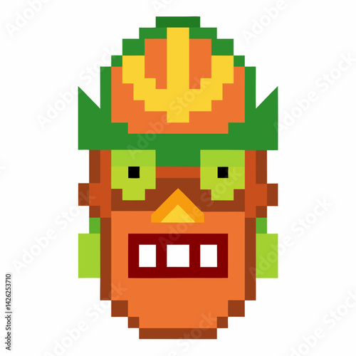 Colorful Pixel Art Mask with Geometric Patterns and Vibrant Colors