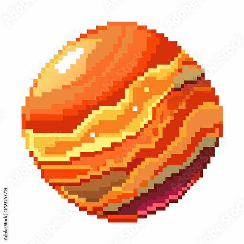 Retro Pixelated Planet Illustration in Orange and Yellow Tones for Space and Gaming Themes