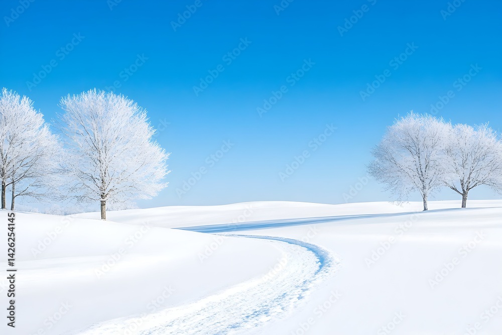 Snow-covered landscape with frost-covered trees and a winding path under a clear blue sky Snow-covered landscape with frost-covered trees and a winding path under a clear blue sky