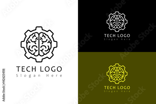 outlines brain and gear illustration, abstract, vector, logo for machinist, mechanic, auto parts, cloud computing, data center, artificial intelligence, internet of things, database, and more