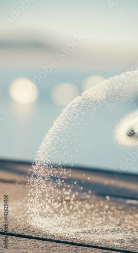 Abstract water splash arc on wooden surface in sunlight