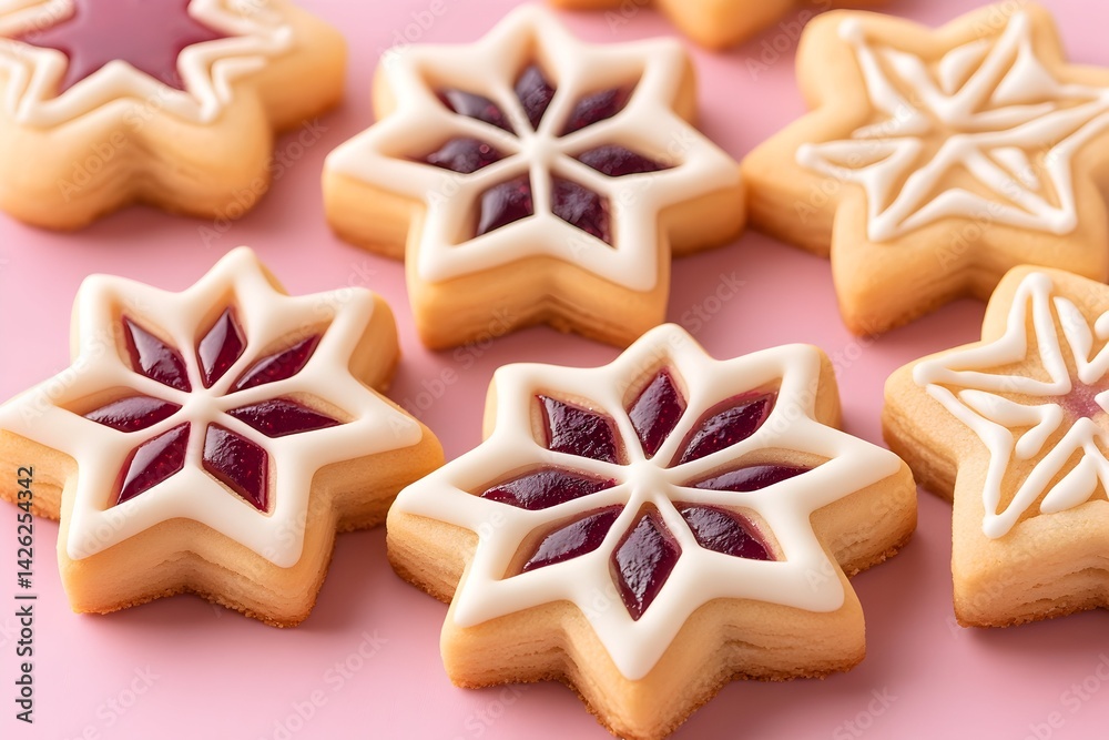 Star-shaped cookies with jam filling and icing, arranged on pink background