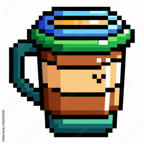 Pixel Art Coffee Cup with Lid   Retro Mug Illustration for Gamers and 8 bit Lovers