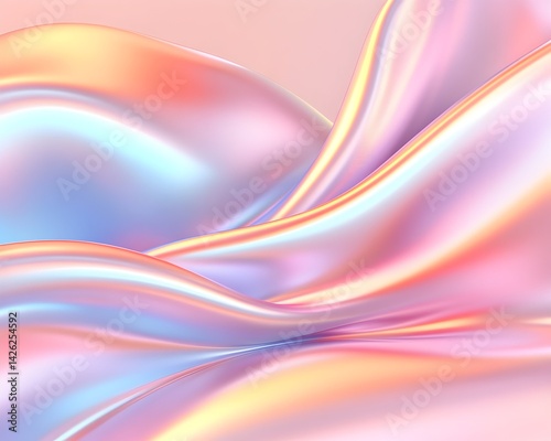 Iridescent, flowing fabric; pastel pink, blue, and orange hues create a smooth, wave-like abstract design