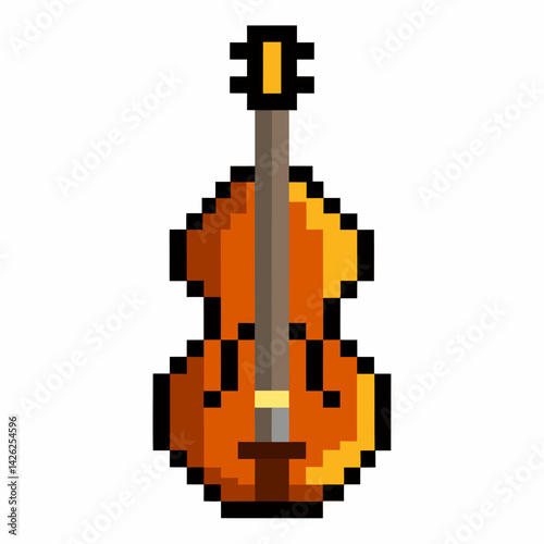 Pixel Art Cello Music Instrument Icon Isolated on White Background