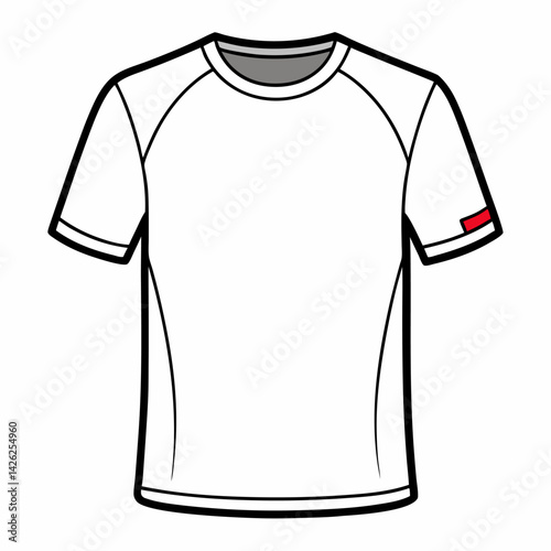 Plain White Short Sleeve T Shirt with Red Tag on Sleeve