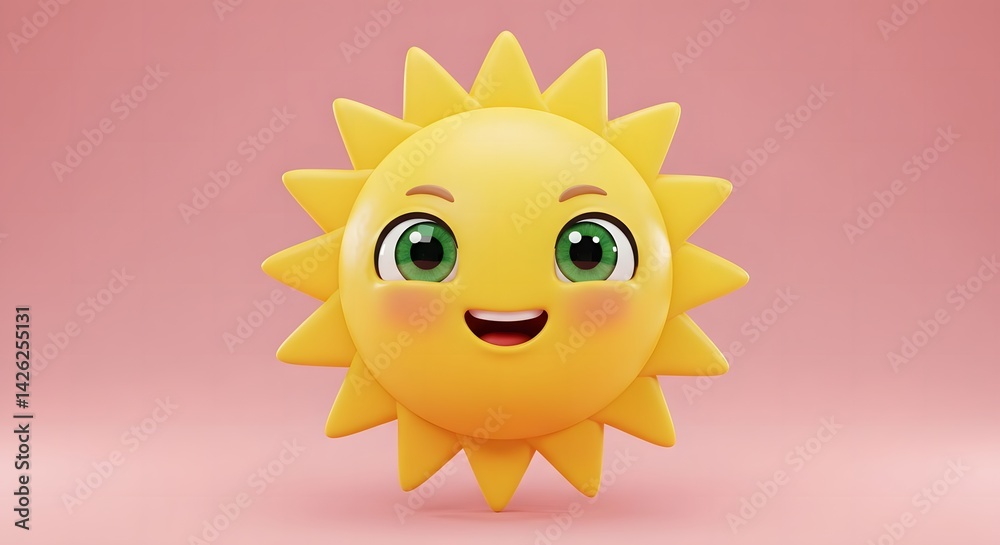 Fototapeta premium Cute Smiling Sun Character Cartoon on Pink Background for Kids