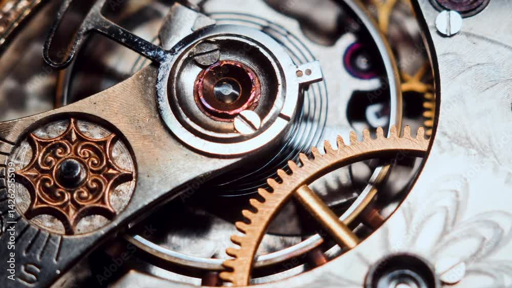 A slow pan moves right to left across vintage pocket watch gears in extreme close-up. Golden cog teeth, a balance spring, and engraved textures reveal the refined detail of antique mechanical design.