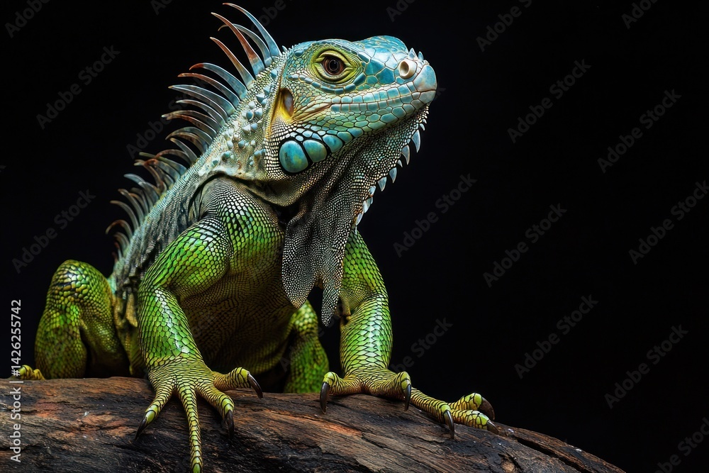 Obraz premium A detailed portrait shows a beautiful green iguana on a log