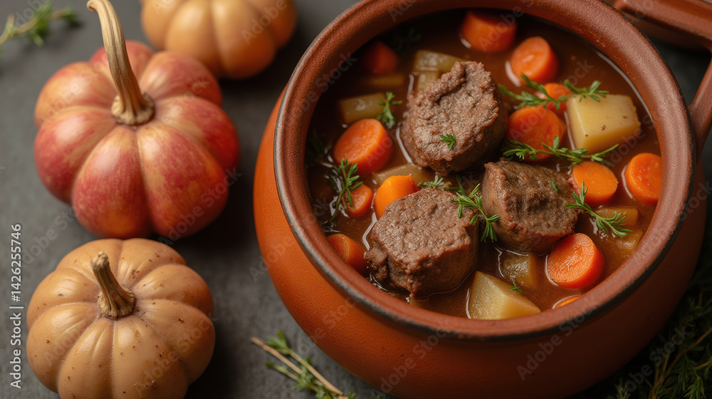 Hearty stew with tender meat, carrots, potatoes, and fresh herbs in rustic pot, surrounded by decorative pumpkins, evokes warmth and comfort