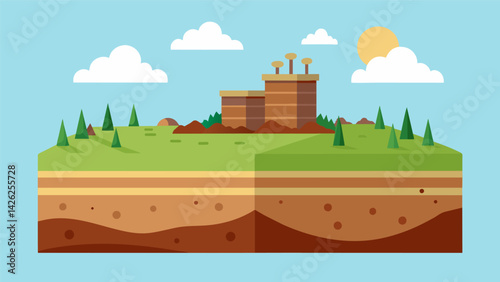Soil Stabilization Special techniques are used to stabilize the surrounding soil preventing the foundation from sinking or settling over time.. Vector illustration