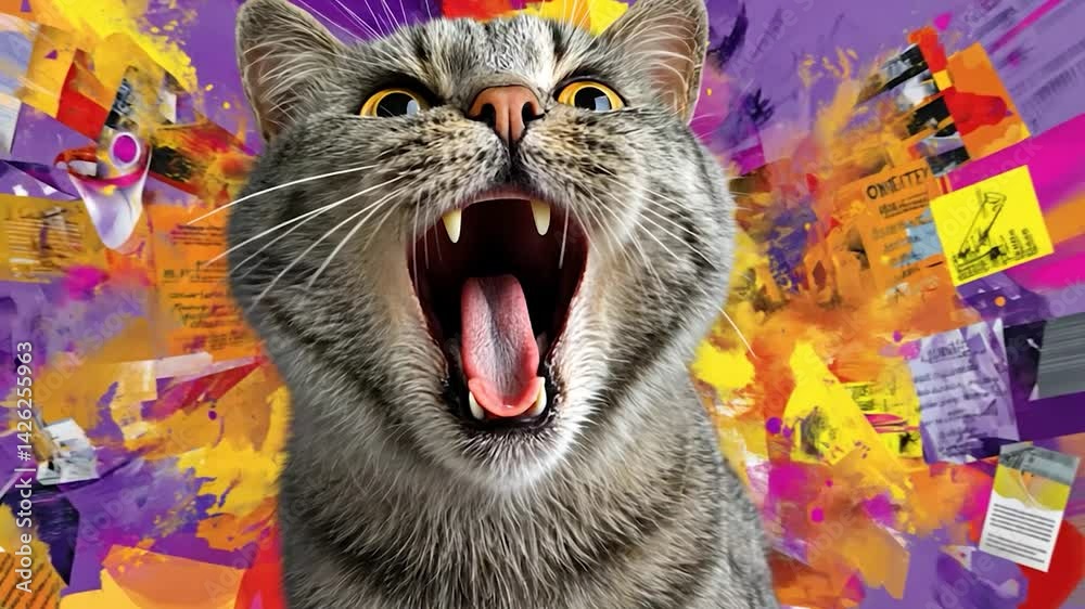 Angry tabby cat with wide open mouth against abstract colorful backdrop