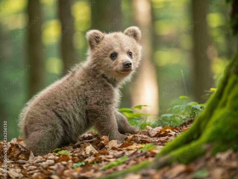 Obraz premium Adorable Bear Cub in the Forest: A Whimsical Wildlife Moment