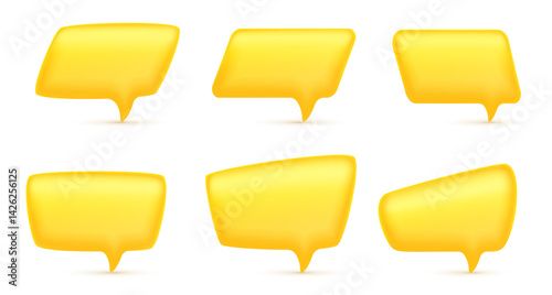 Vector illustration of set of realistic different yellow color speech bubble on white background. 3d cartoon style design of text speech bubble. Social media symbol of communication icon