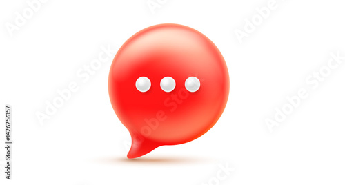 Vector illustration of realistic red color speech bubble with dot on white background. Social media symbol of communication icon. 3d cartoon style design of text speech bubble
