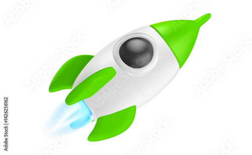 Vector startup realistic illustration. 3d cartoon style concept design of toy space rocket launch. Green spaceship with fire isolated. Shuttle takeoff icon, business startup ship fly up symbol