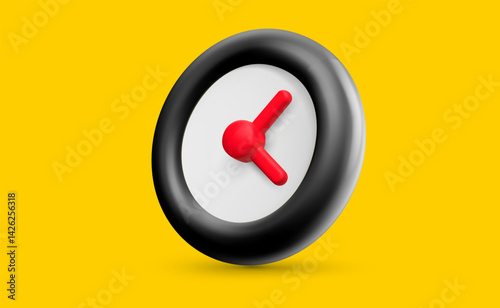 Vector realistic illustration of black round wall watch with face and timer. Success time management. 3d cartoon style minimal modern design of business alarm clock icon with red arrow