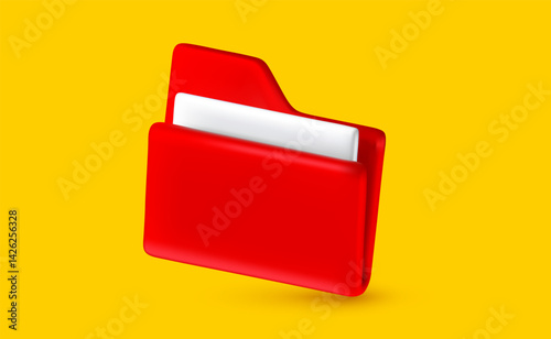 Vector business realistic illustration of office red color paper document folder icon. Business digital portfolio symbol. 3d cartoon style concept design of computer file folder archive