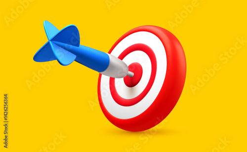 Vector realistic illustration of red color goal accurate target with arrow. Success finance marketing strategy. 3d cartoon style design of business dart target icon with big blue arrow