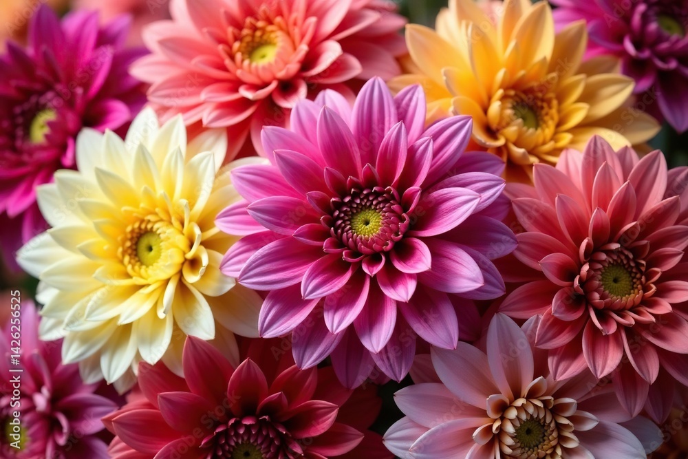 Close-up dahlia flower arrangement, intricate details, diverse hues , still life, garden Close-up dahlia flower arrangement, intricate details, diverse hues , still life, garden