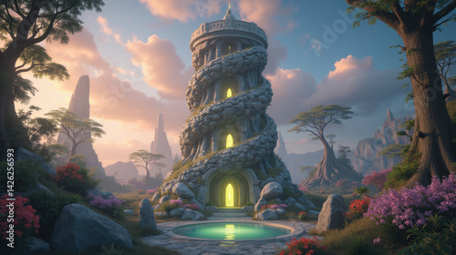 mystical tower spirals upward, surrounded by lush greenery and vibrant flowers, with serene pool reflecting enchanting landscape