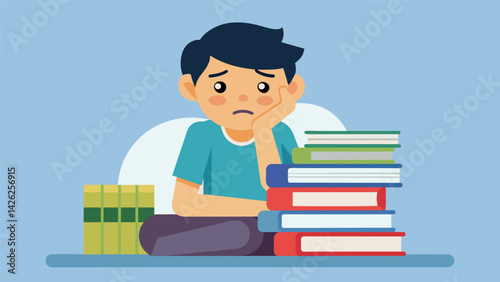 A student sitting in front of a stack of textbooks with a pained expression symbolizing the burden of expensive course materials.. Vector illustration