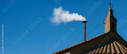 White smoke from chimney. Symbolical representation of Annuntio vobis gaudium magnum: Habemus Papam! White Smoke Signals. - I announce to you a great joy: We have a pope!