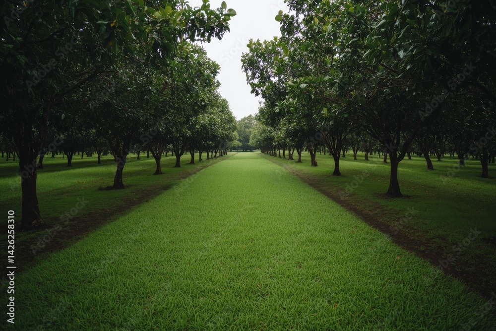 Obraz premium A rubber tree plantation showcases evenly spaced trees under warm sunlight. The lush greenery is complemented by dappled light filtering through the canopy