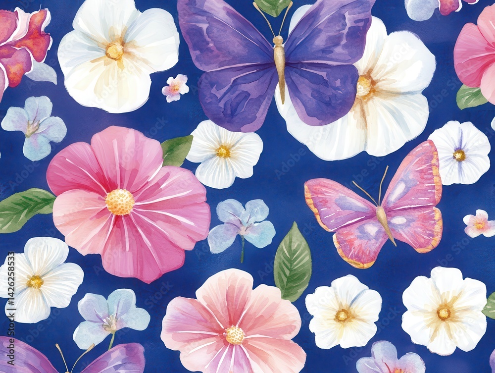 Obraz premium Watercolor butterfly and flower pattern on blue