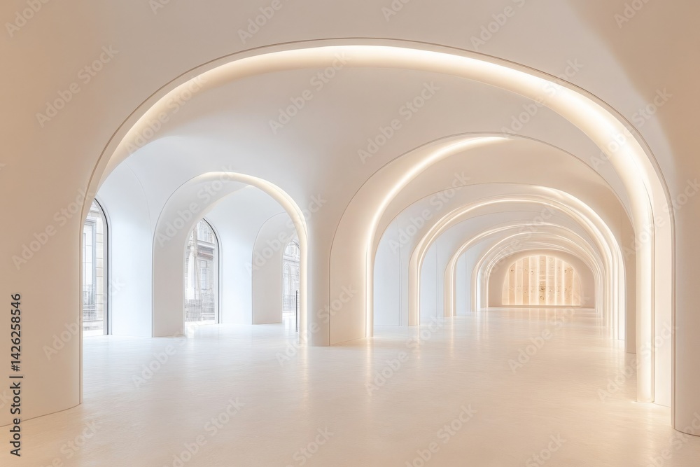 Fototapeta premium Elegant modern architectural hallway with arches and soft lighting in a minimalist space