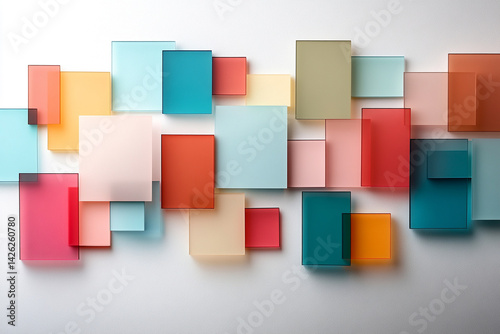 Abstract color compositions with overlapping transparent color blocks in various bold and pastel shades 