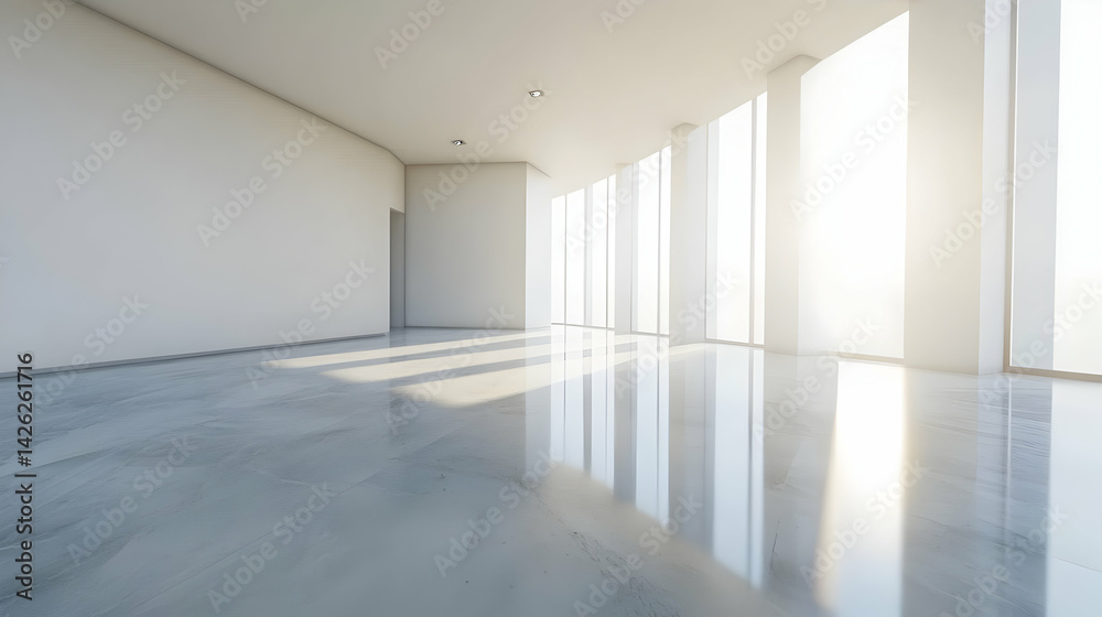 Fototapeta premium Sunlit modern office hallway, city view