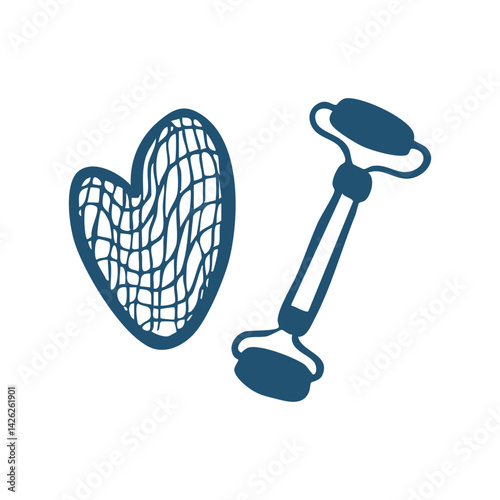 Skincare routine, facial massager doodle isolated on white background.