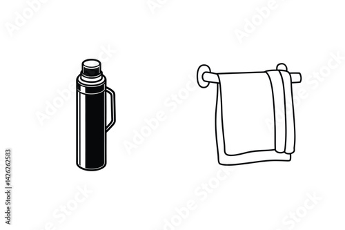 Minimalist Illustration Of A Thermos And Towel For A Clean Bathroom