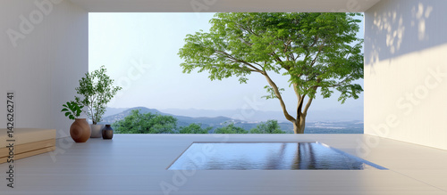 Cozy minimalist interior with infinity pool and panoramic mountain view through large window