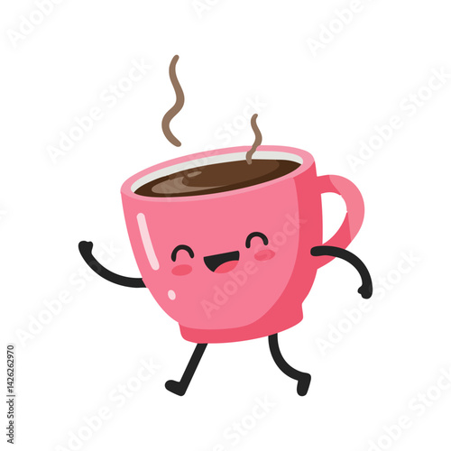 cute icon character pink cup of coffee with legs and arms.