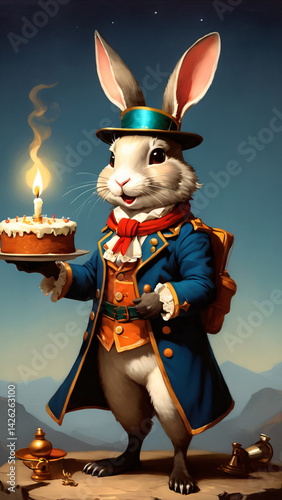 A rabbit holds a cake with a lit candle, celebrating a special occasion