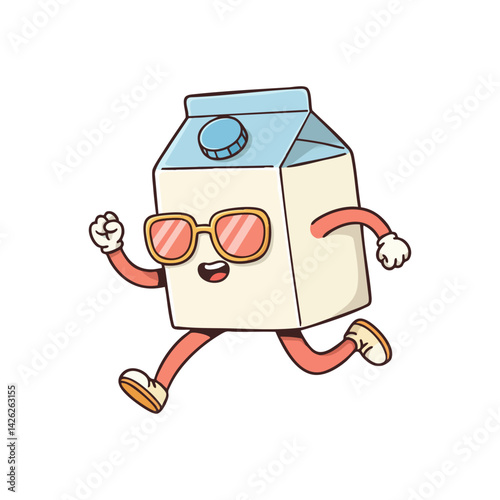 cute icon character milk carton running with sunglasses on.
