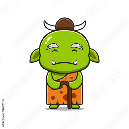 Cute old goblin holding stick cartoon icon illustration