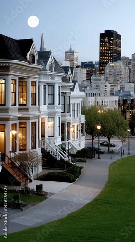 Beautiful Painted houses stand tall against the skyline during blue hour, showcasing vibrant colors and historic architecture