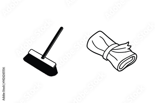 Minimalist Broom And Rags Illustration Black And White Cleaning Equipment Design