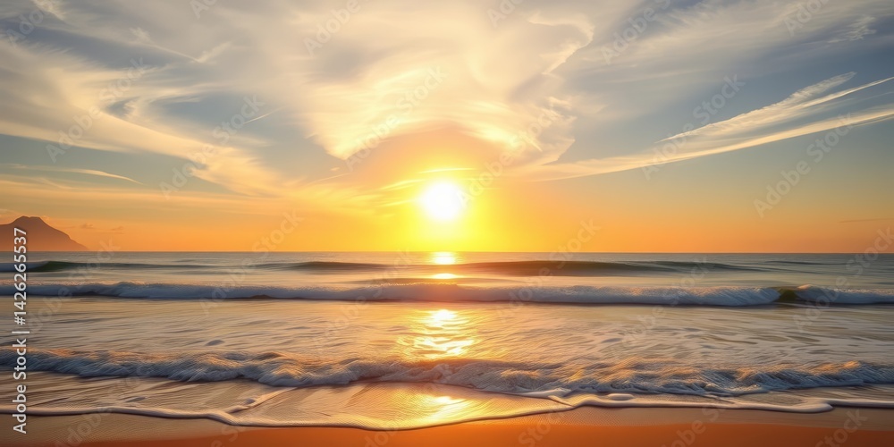 Obraz premium Golden sunrise paints the sky over calm ocean waves on a sandy beach, gold, calm
