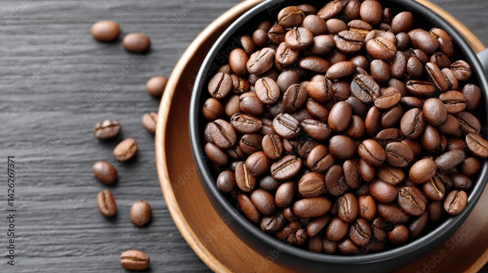 Fototapeta premium Rich coffee beans spill around a cup on a dark wood background, highlighting fine textures in a warm, inviting atmosphere