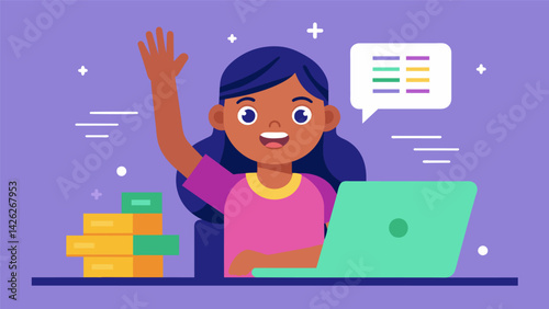 A young girl excitedly raising her hand to ask a question during a coding activity eager to learn more about the fascinating world of coding.. Vector illustration