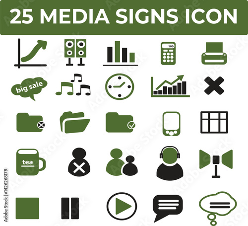 Twenty-five media signs icons offer a versatile collection of communication symbols perfect for websites and applications.