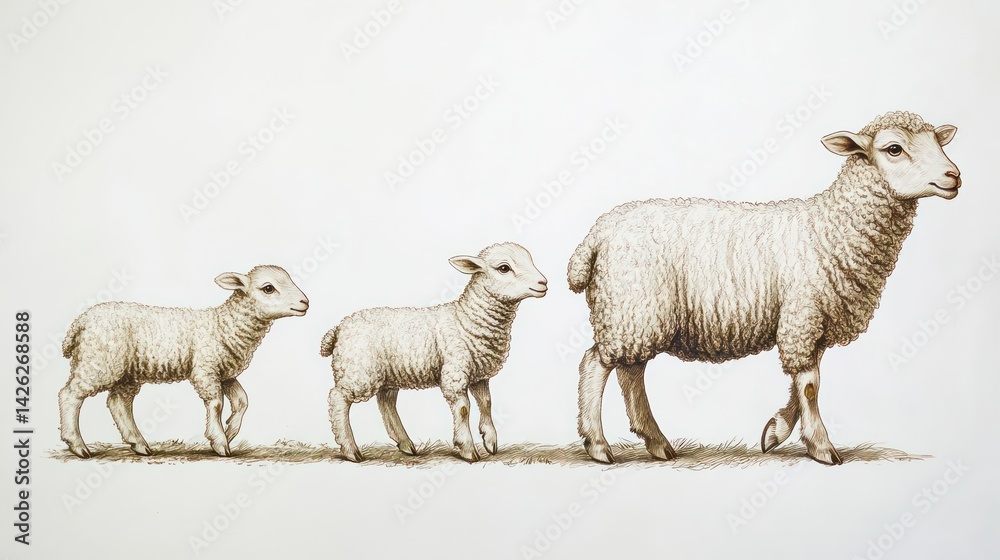 Fototapeta premium An informative and visually appealing growth chart for a farm animal like a sheep, showing how its size increases as it ages